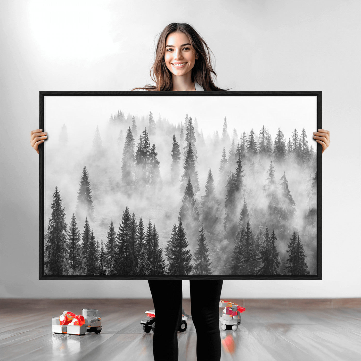 10422-MGV-CV-36X24-Forest Wall Art Print | Foggy Pine Forest Canvas Wall Art - Black and White Nature Decor for Living Room