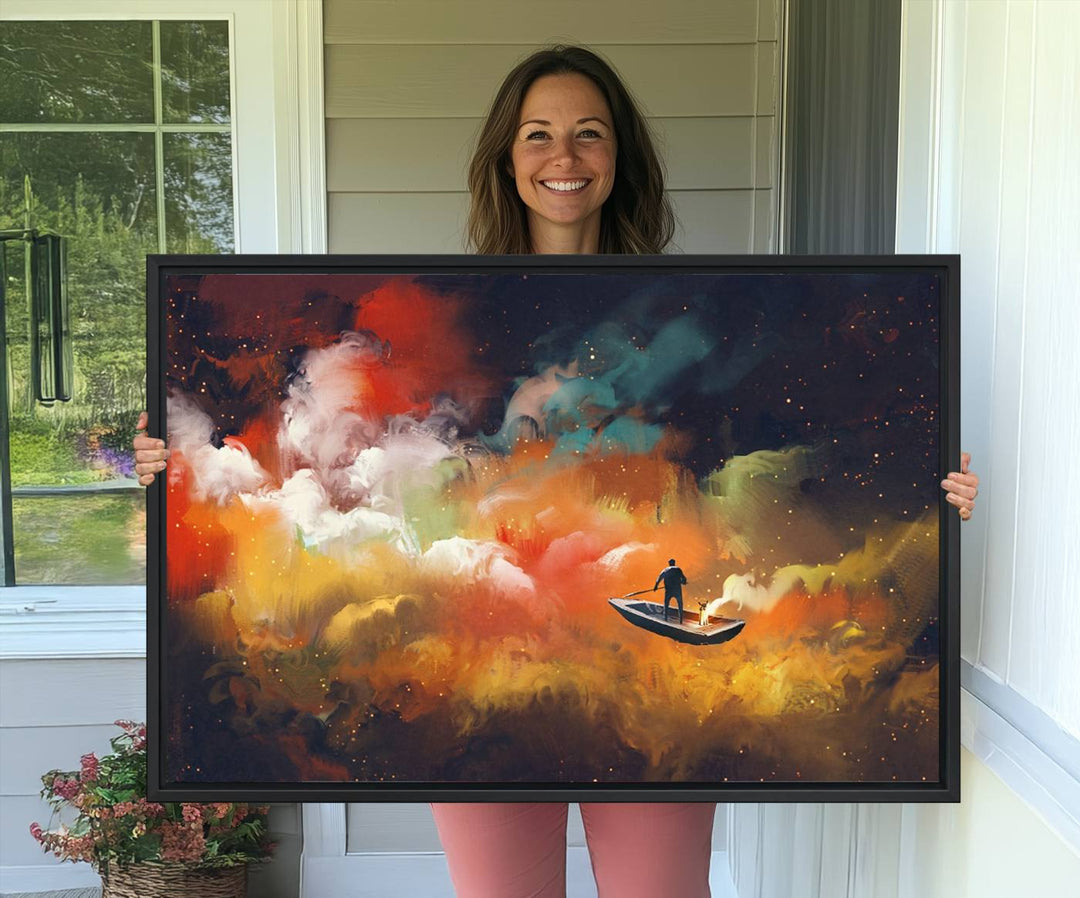 Surreal Space Adventure Canvas Wall Art features a person in a boat.