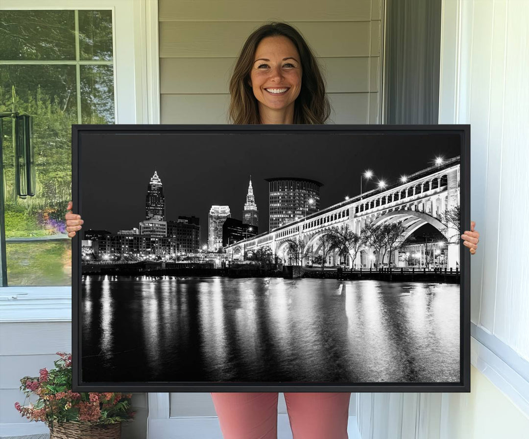 The Cleveland Night Skyline Canvas Print hangs prominently.