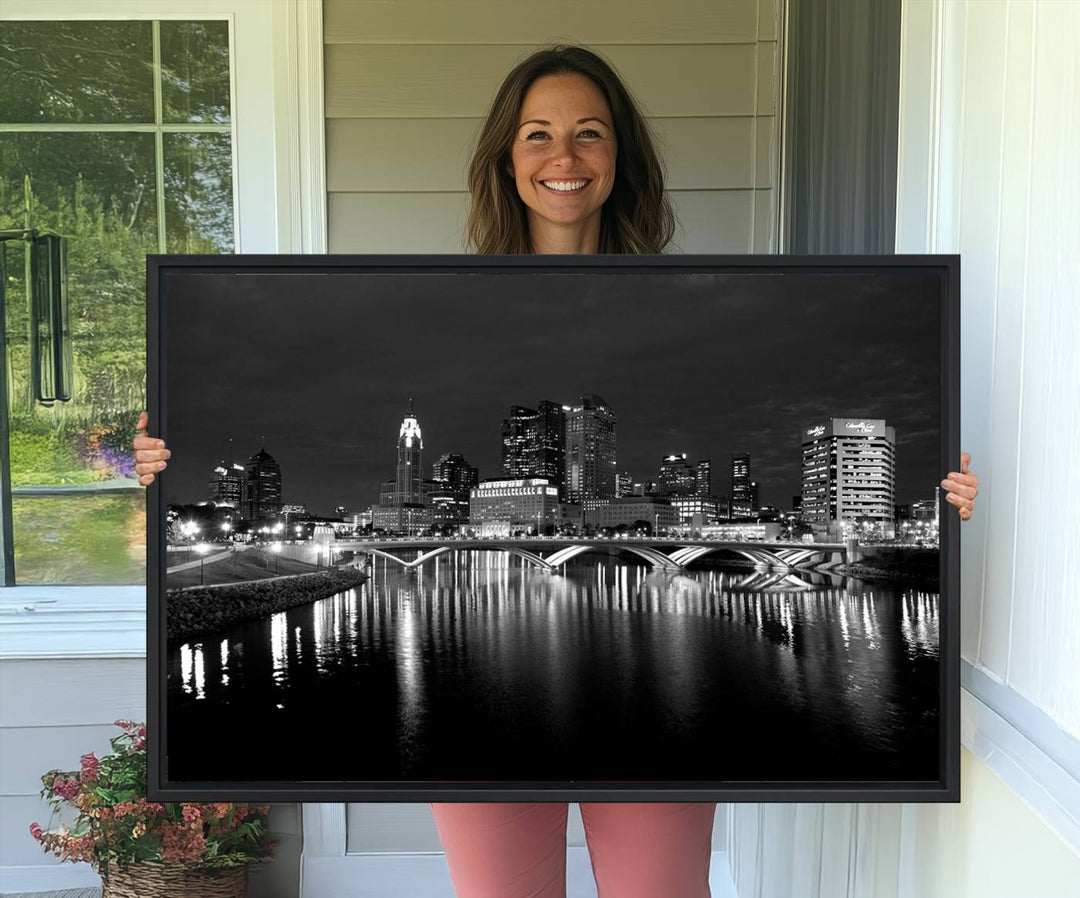 Columbus City Lights Skyline canvas print in black and white, featuring museum-quality craftsmanship and free shipping.