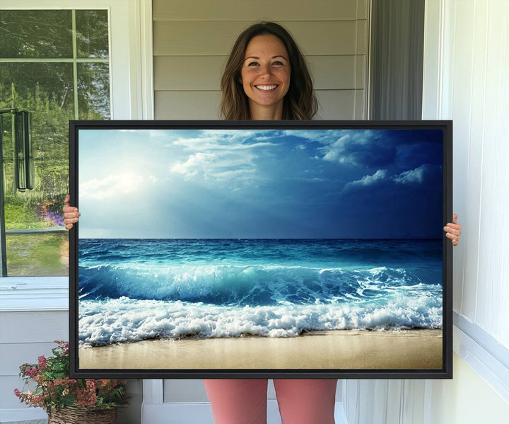 The Majestic Ocean Wave Wall Art Canvas, a 3-panel seascape print, is featured prominently.