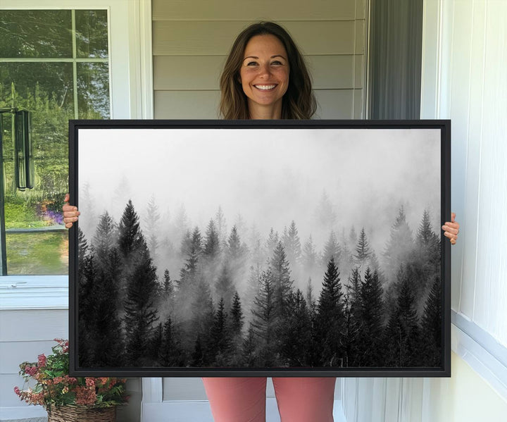 The Foggy B&W Forest Wall Art, featuring pine trees, enhances the minimalist kitchen ambiance.