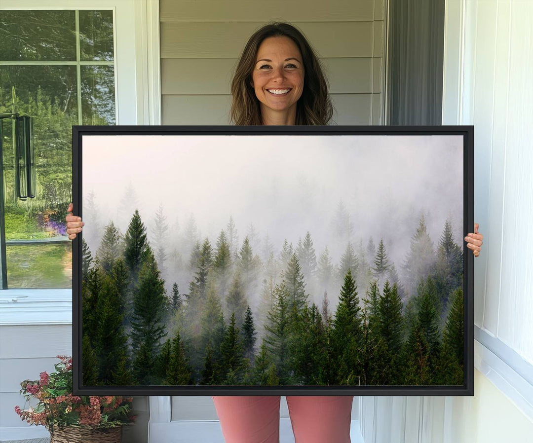 Misty Pine Forest Canvas Print serves as a foggy forest decor piece in the kitchen.