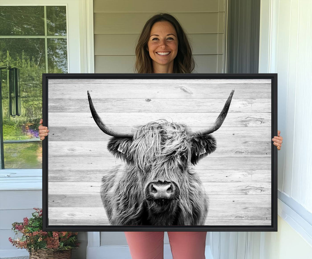 Scottish Highland Cow Cattle Art adds rustic farmhouse charm to the space.