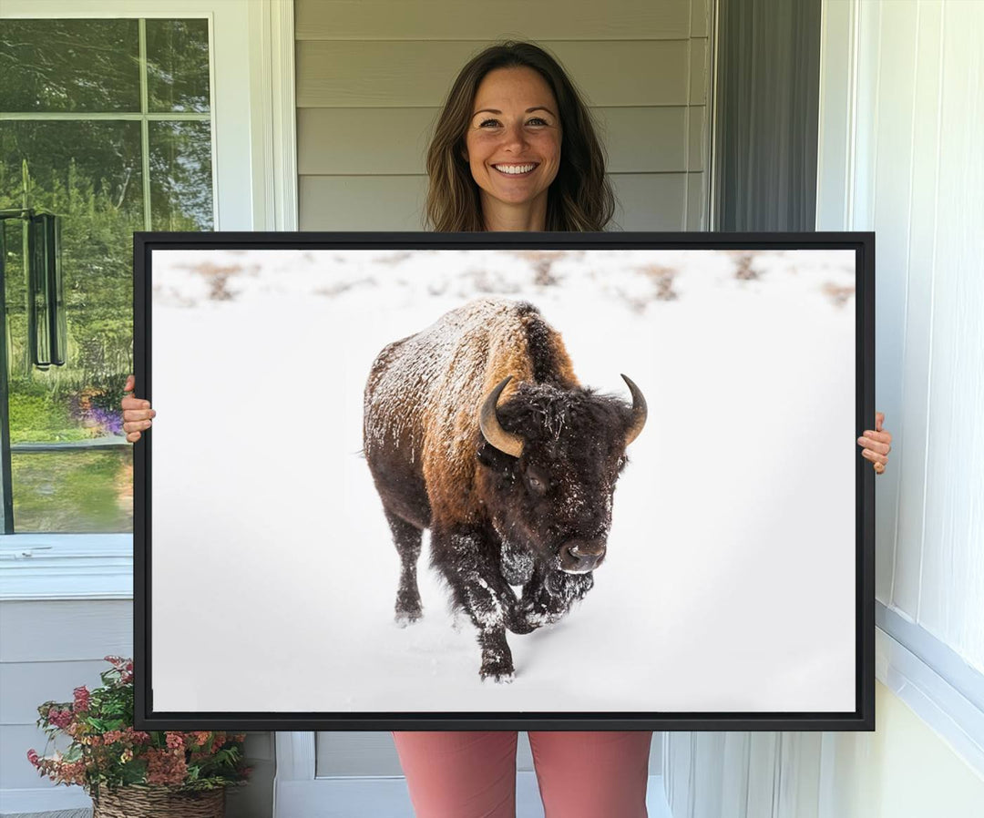 Bison Winter Wall Art Canvas Print for farmhouse decor.