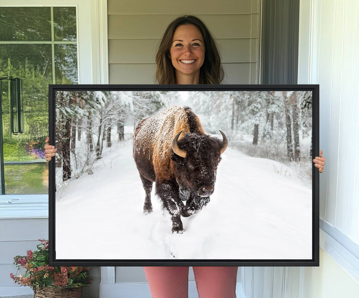 The dining area showcases the Bison Wall Art Canvas Print for Farmhouse.