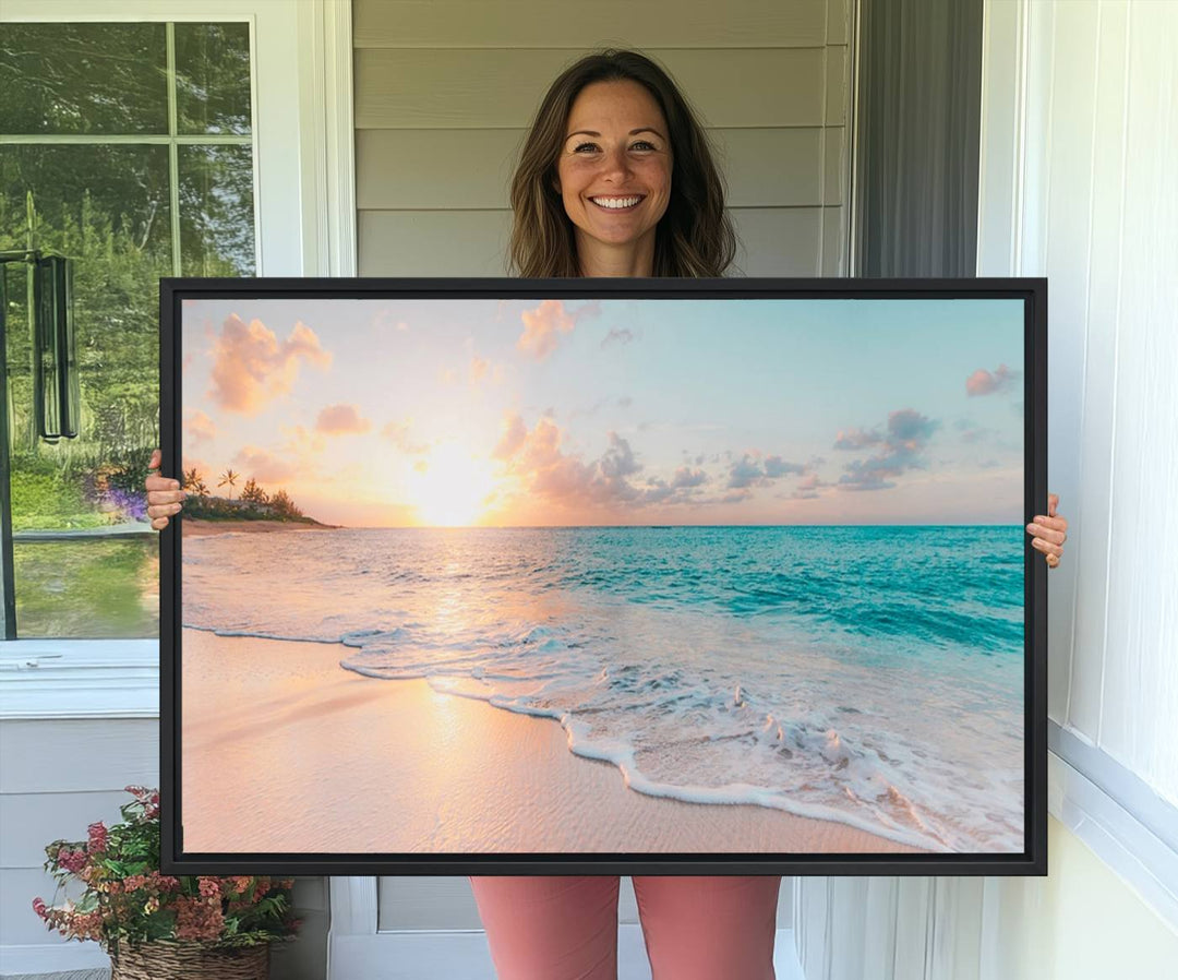 The kitchen features the Beach Sunrise Wall Art, Coastal Sunset Beach Scene.