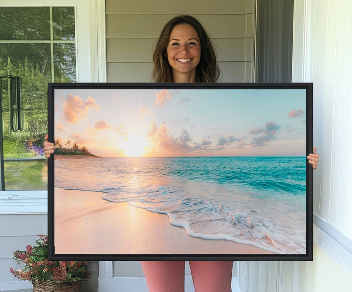 The kitchen features the Beach Sunrise Wall Art, Coastal Sunset Beach Scene.