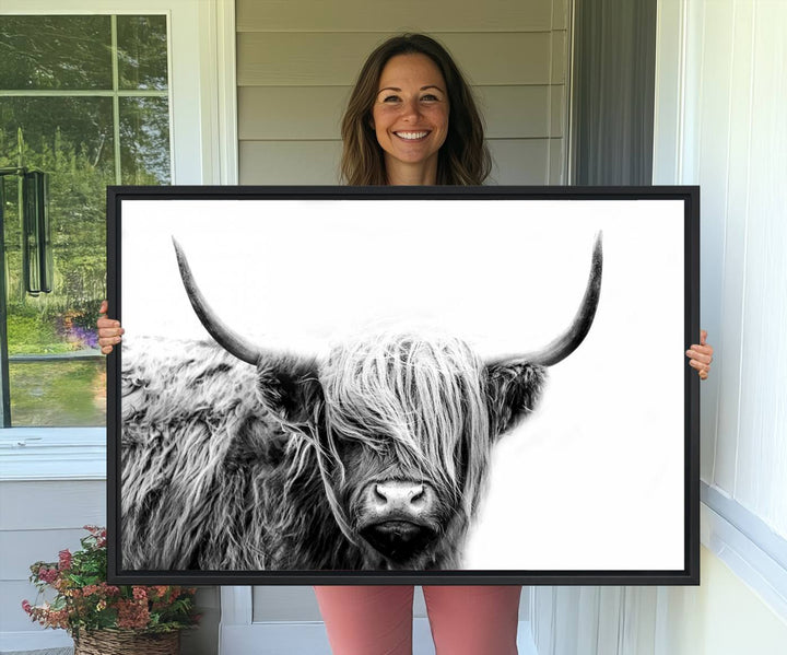 Framed Black and White Scottish Highland Cow Art Print.