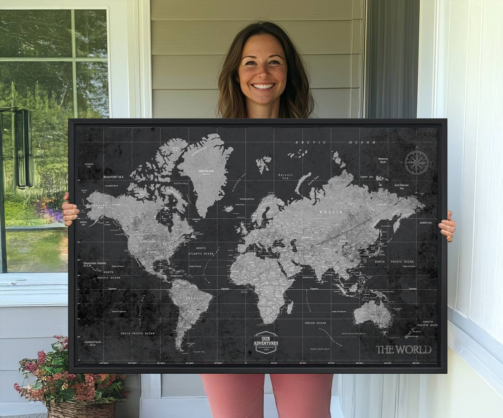 World Map Canvas Wall Art completes the rustic charm with a vintage black and white triptych.