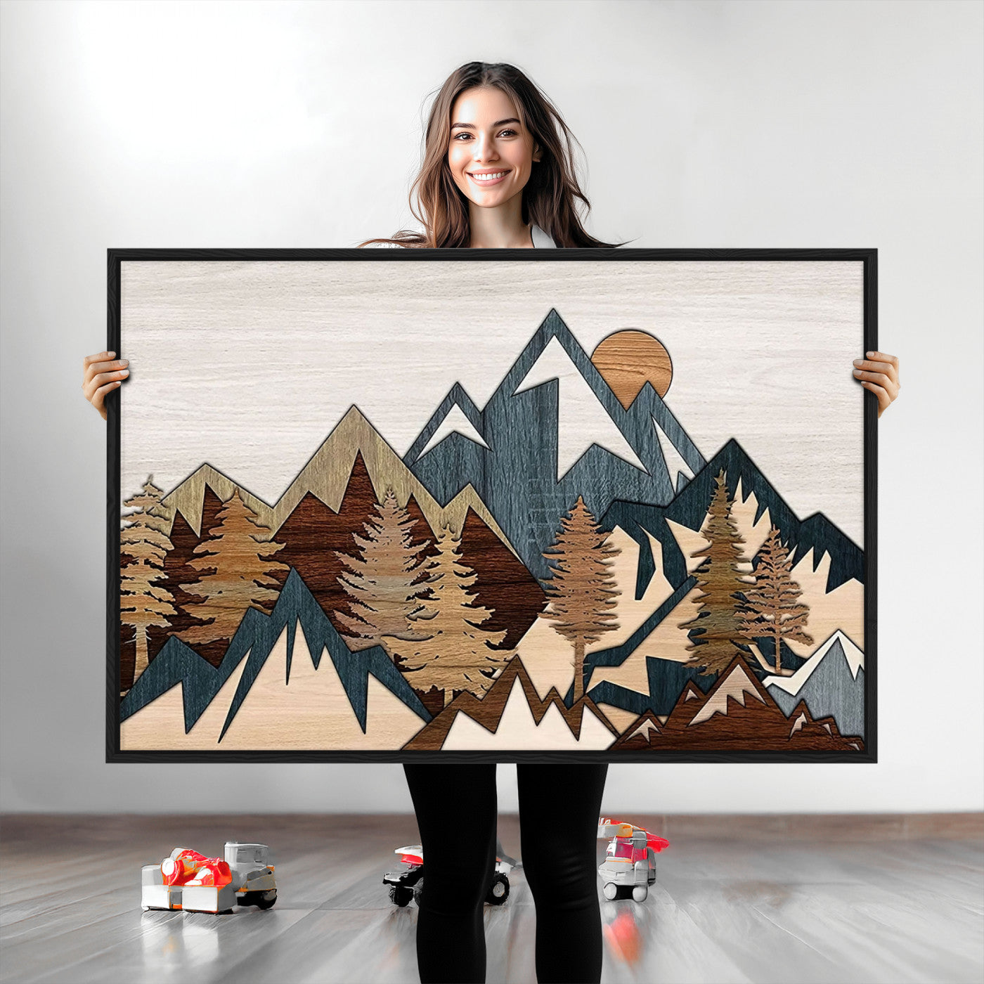 67950-MGV-CV-36X24-Rustic Abstract Wood Panel Effect Canvas Mountain Range Top Wood Wall Art Canvas Print