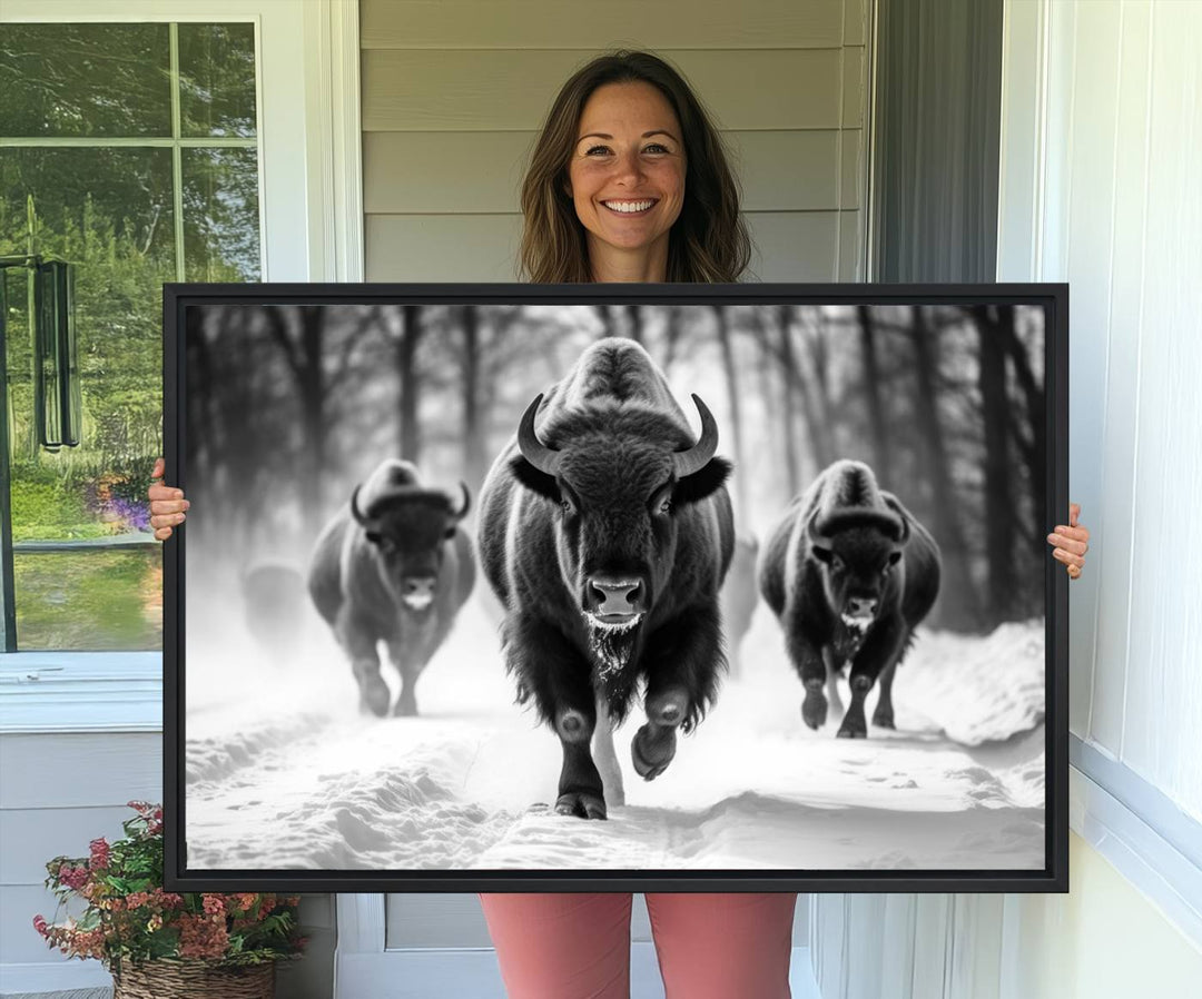 The Buffalo Wall Art Canvas Print of bison running through snow adorns the wall.