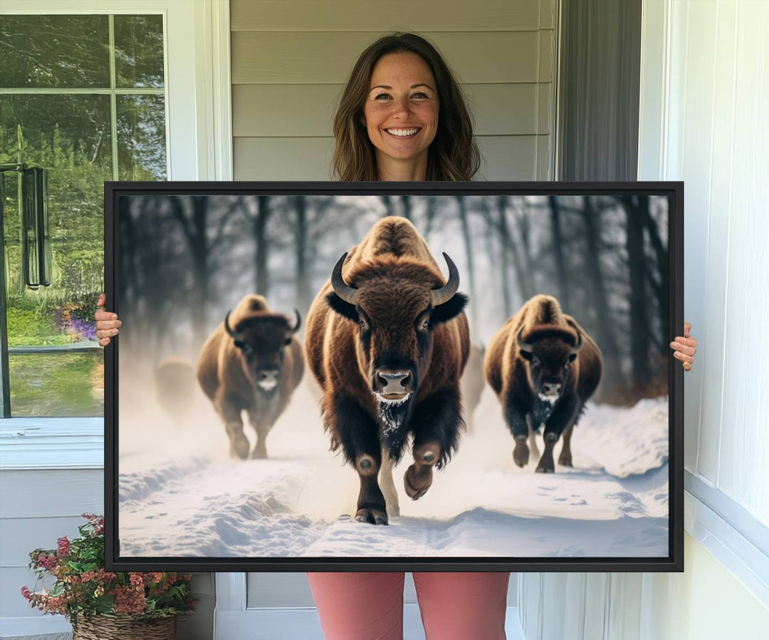 Wall art titled Cow Bighorn shows three bison running through snow in a forest.