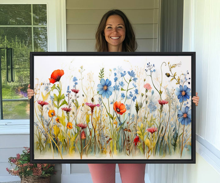 The vibrant Colorful Wildflower Canvas Wall Art adorns the wall.