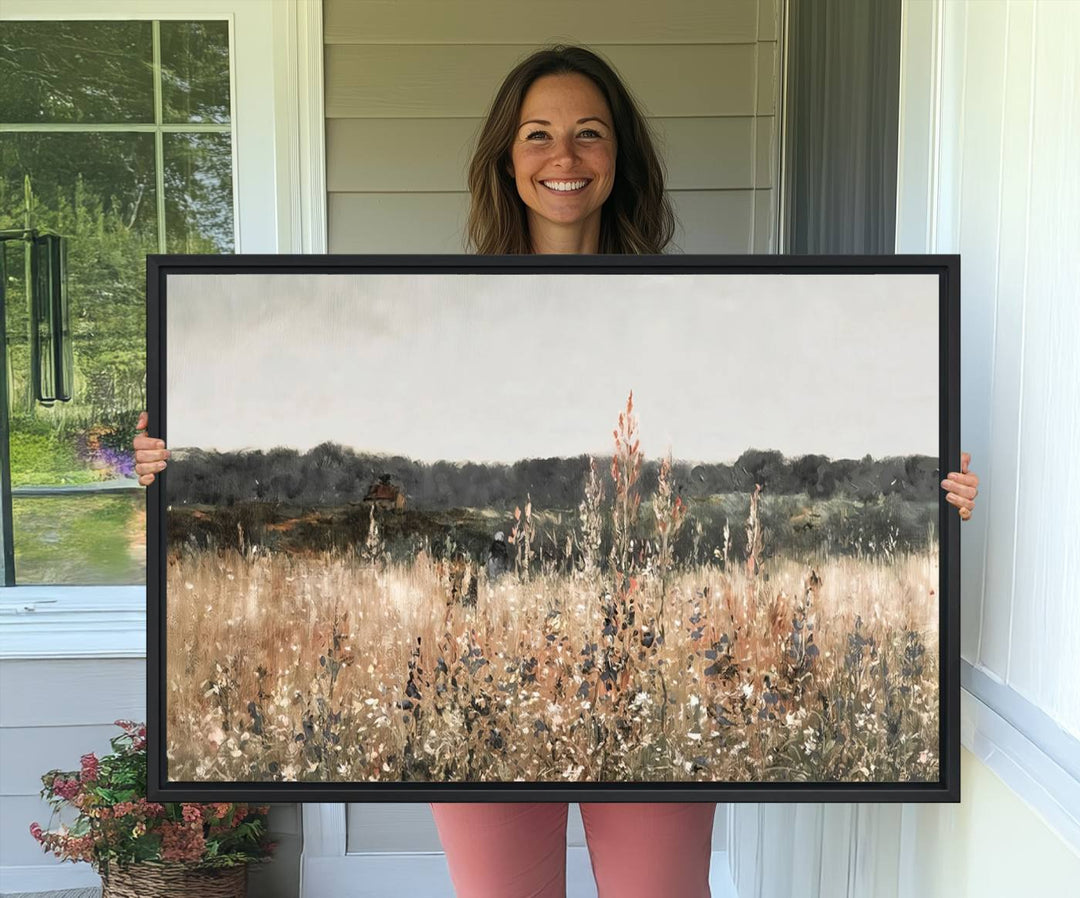 A dining room featuring the Abstract Wildflower Art Field Landscape Oil Painting Print.