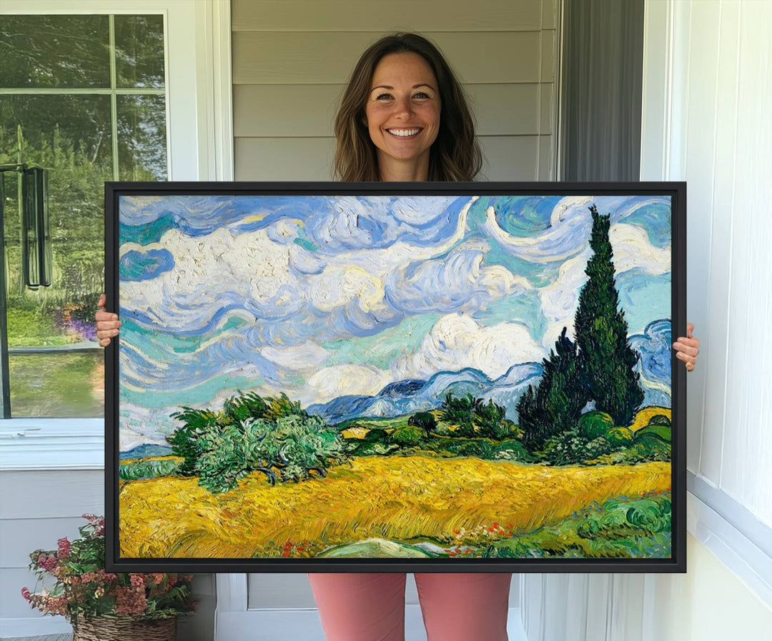 A kitchen featuring Wheatfield With Cypresses Van Gogh canvas wall art.