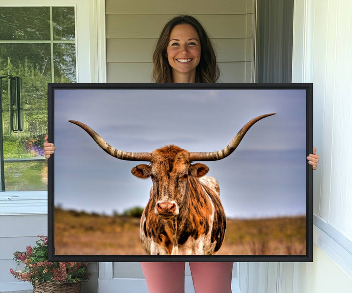 The Texas Longhorn Wall Art Print is displayed in a stylish living room.