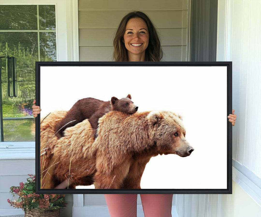 Mother and Baby Bear canvas: an adorable wildlife print displayed on a dark green wall.