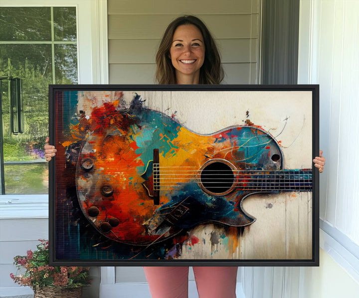 A vibrant guitar wall art canvas is mounted on the wall.