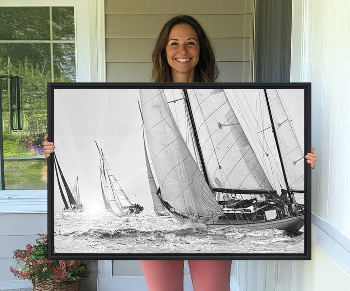 Yacht Sailboat Regatta canvas print on a textured wooden wall.