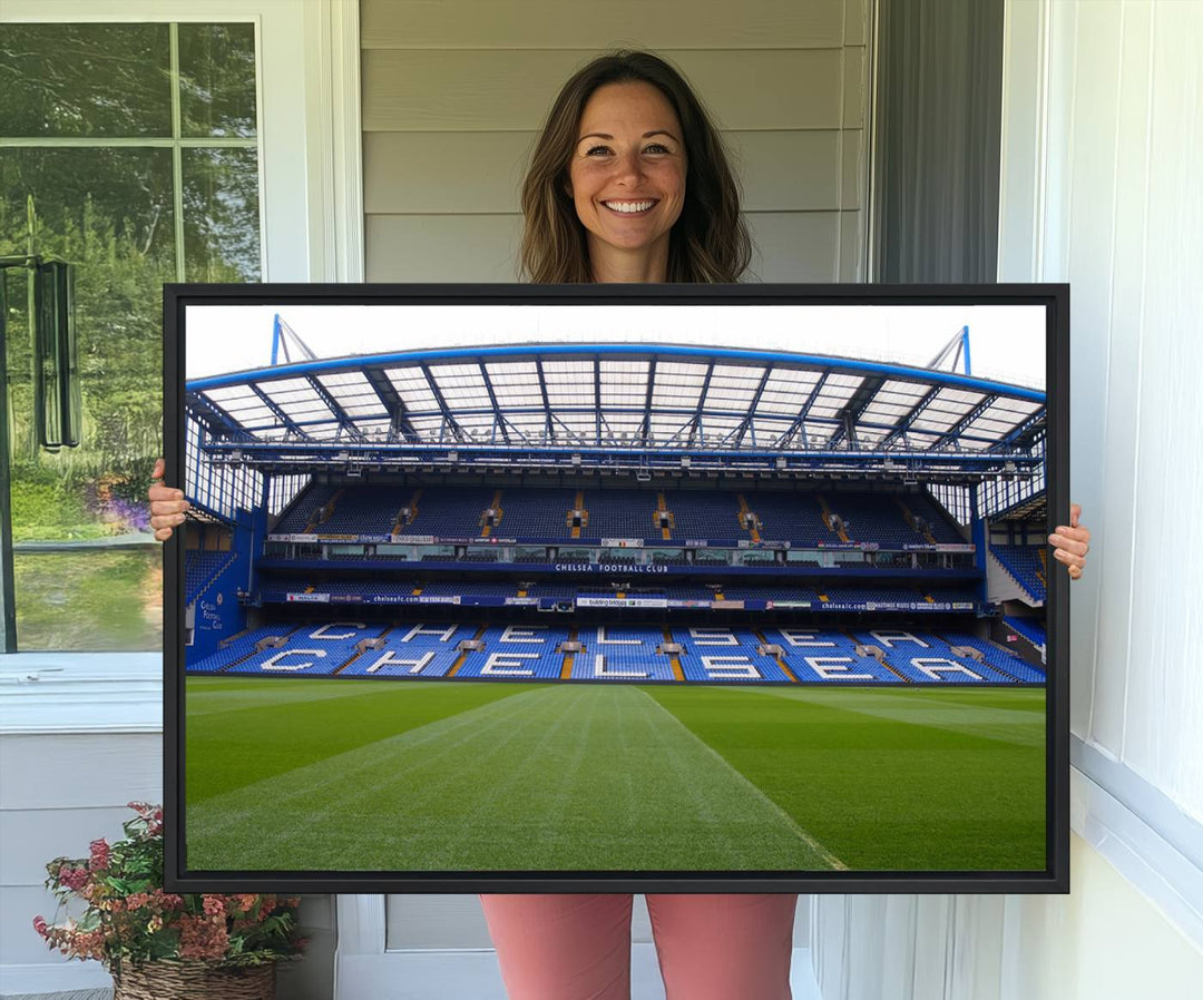 The wall art features a Chelsea FC Stamford Bridge Stadium canvas print.