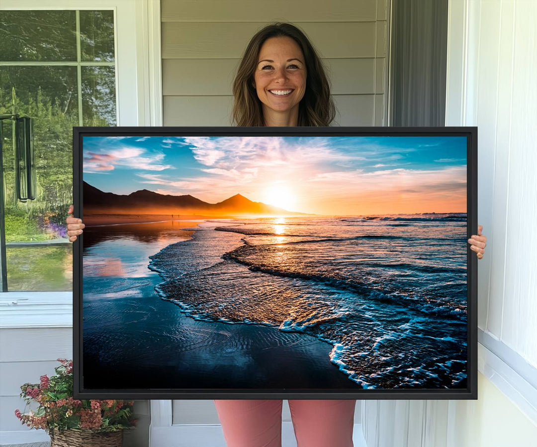 The Sunset Beach Ocean Canvas Wall Art – Tranquil Reflections at Dusk enhances the ambiance with its captivating depiction of serene ocean views at dusk.