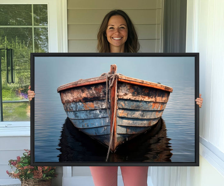 Stunning vintage boat canvas print featuring a calm water scene.