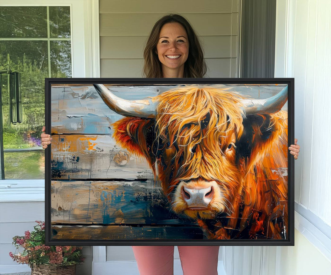 The dining room features Highland Cow Abstract Canvas Wall Art in a farmhouse rustic decor style.