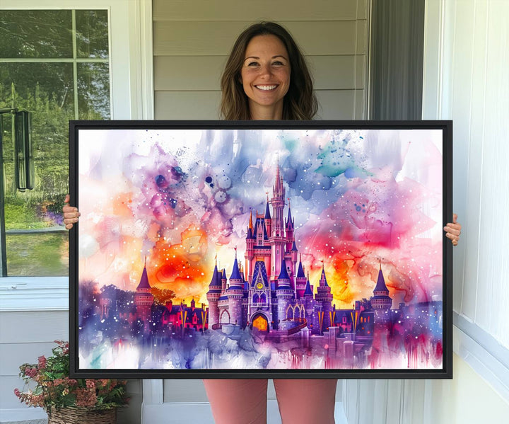 The watercolor Disney Wall Art showcases Cinderellas Castle in pink, purple, and orange hues.