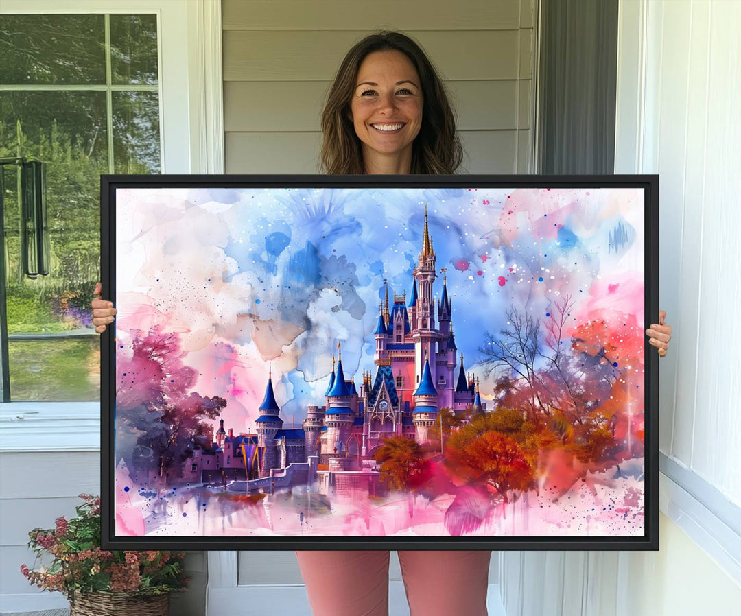 A Disney Wall Art: Dreamy Watercolor Cinderella Castle Canvas Print hangs prominently.