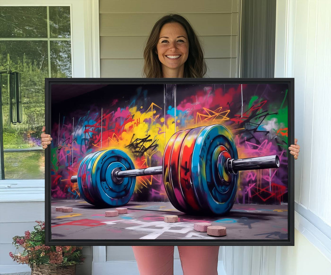 The Abstract Graffiti Barbell Canvas Wall Art is displayed on a porch.