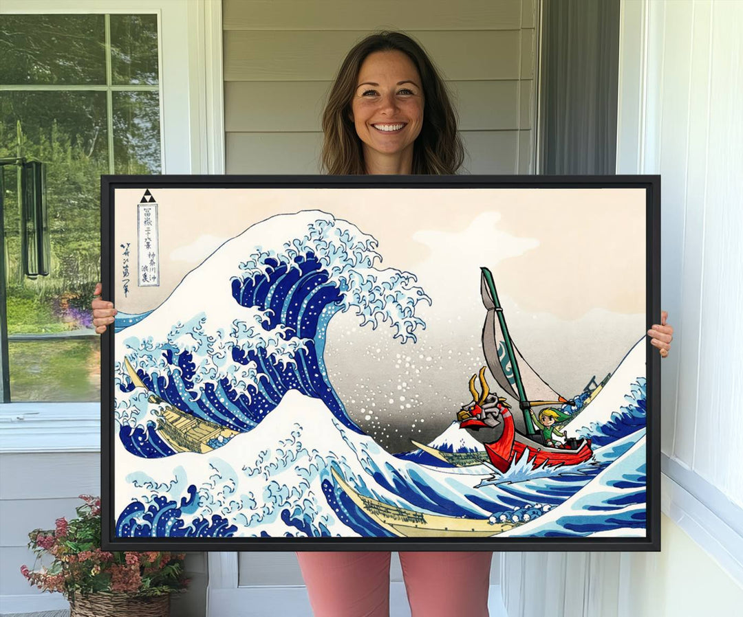 The Katsushika Hokusai Kanagawa Giant Wave Canvas print captures a vibrant sailing scene.