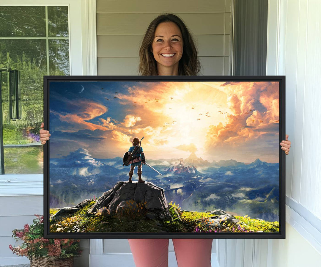 A vibrant Legend of Zelda Breath of the Wild canvas print depicts a figure standing on a rock with mountains and sky in the background.