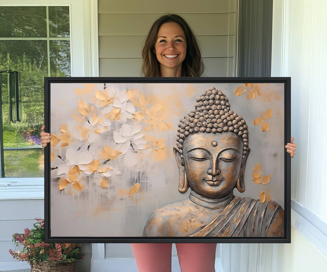 The serene dining room features Abstract Buddha Statue Wall Art.