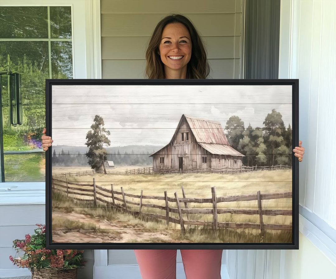 The wall is adorned with a Rustic Farmhouse Barn Wall Art.