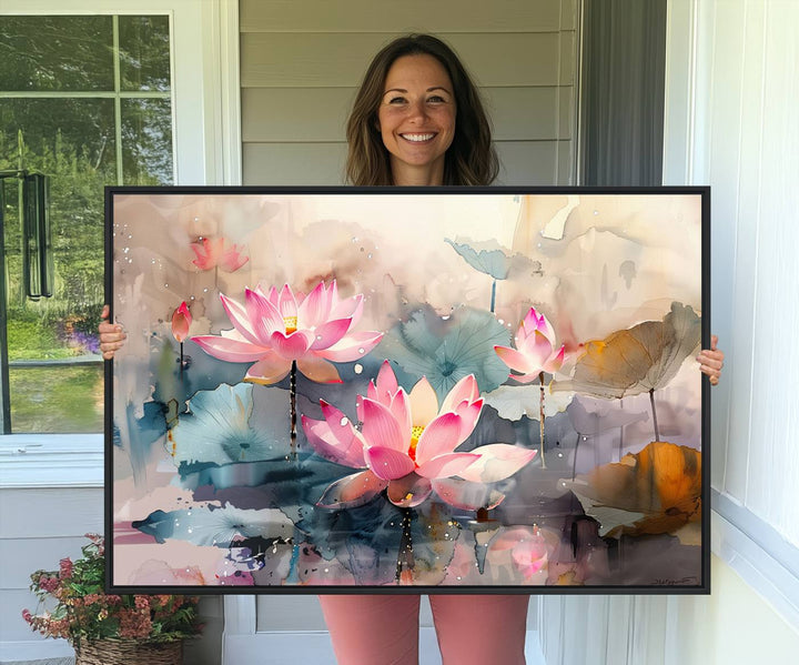 A pink lotus wall art adorns the space.