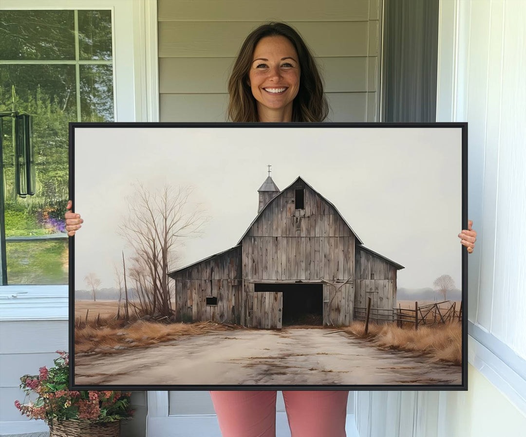 The Farmhouse Rustic Barn Wall Art Canvas Print, framed and ready to hang, enhances the farmhouse décor.