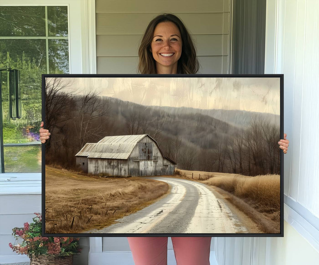The wall exudes rustic charm, highlighted by the Vintage Barn Farmhouse Wall Decor Canvas Print.
