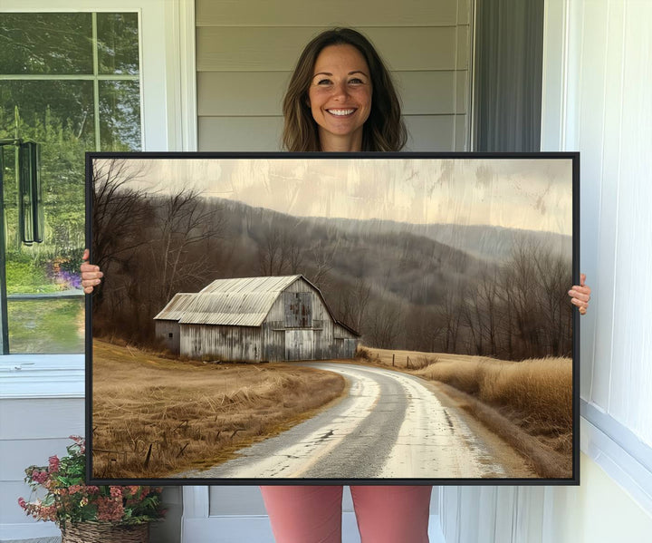 The wall exudes rustic charm, highlighted by the Vintage Barn Farmhouse Wall Decor Canvas Print.