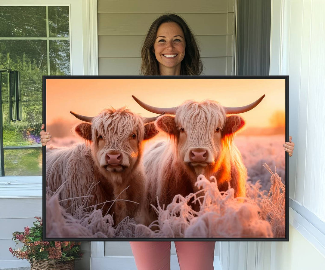 Highland Cows at Sunrise Wall Art adds serene rustic farmhouse charm.