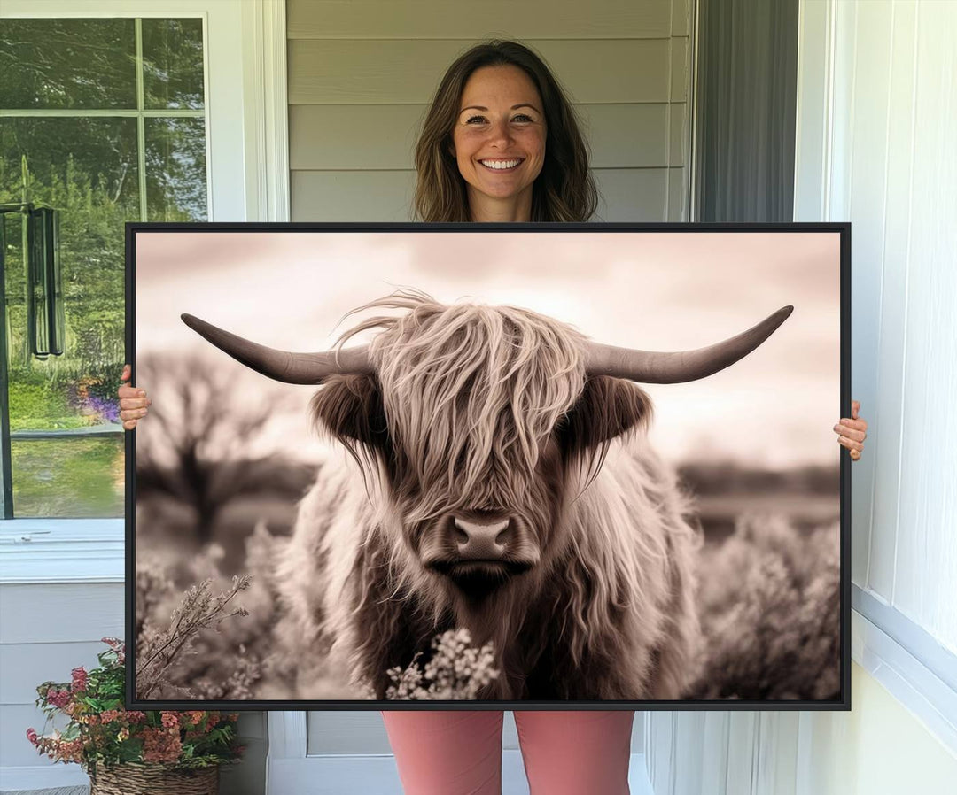 The Scottish Cow Longhorn Wall Art Canvas Print adds charm to the kitchen.