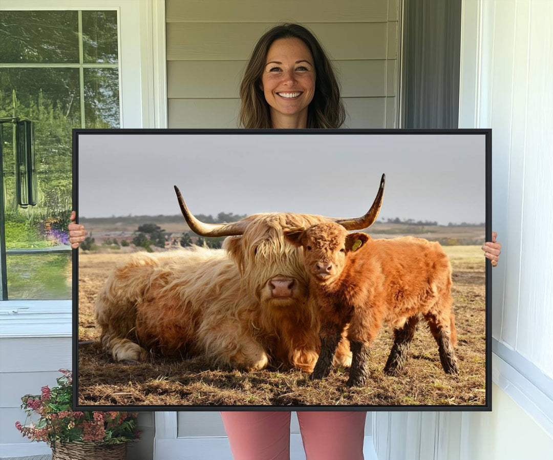 Highland Cow Canvas: a light brown cow and calf in the field, ideal farmhouse decor.