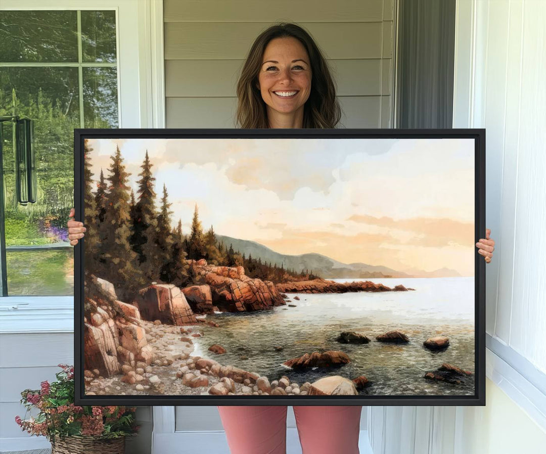 The Serene Coastal View of Acadia National Park 3-panel canvas, framed and ready to hang, adorns the wall.