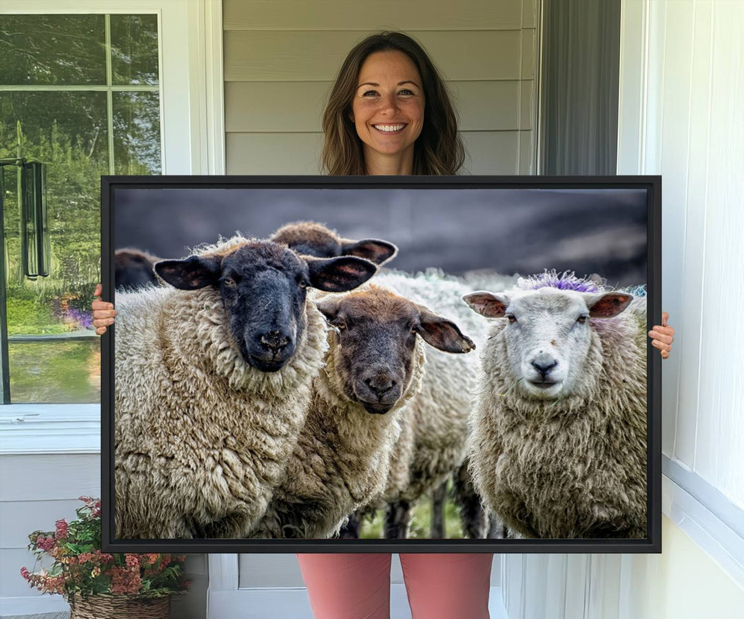 The Charming Sheep Portrait Wall Art hangs on a wooden wall.