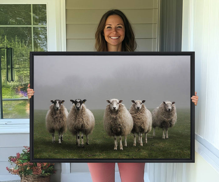 The Flock of Sheep in a Mystical Fog canvas print is framed and ready to hang.