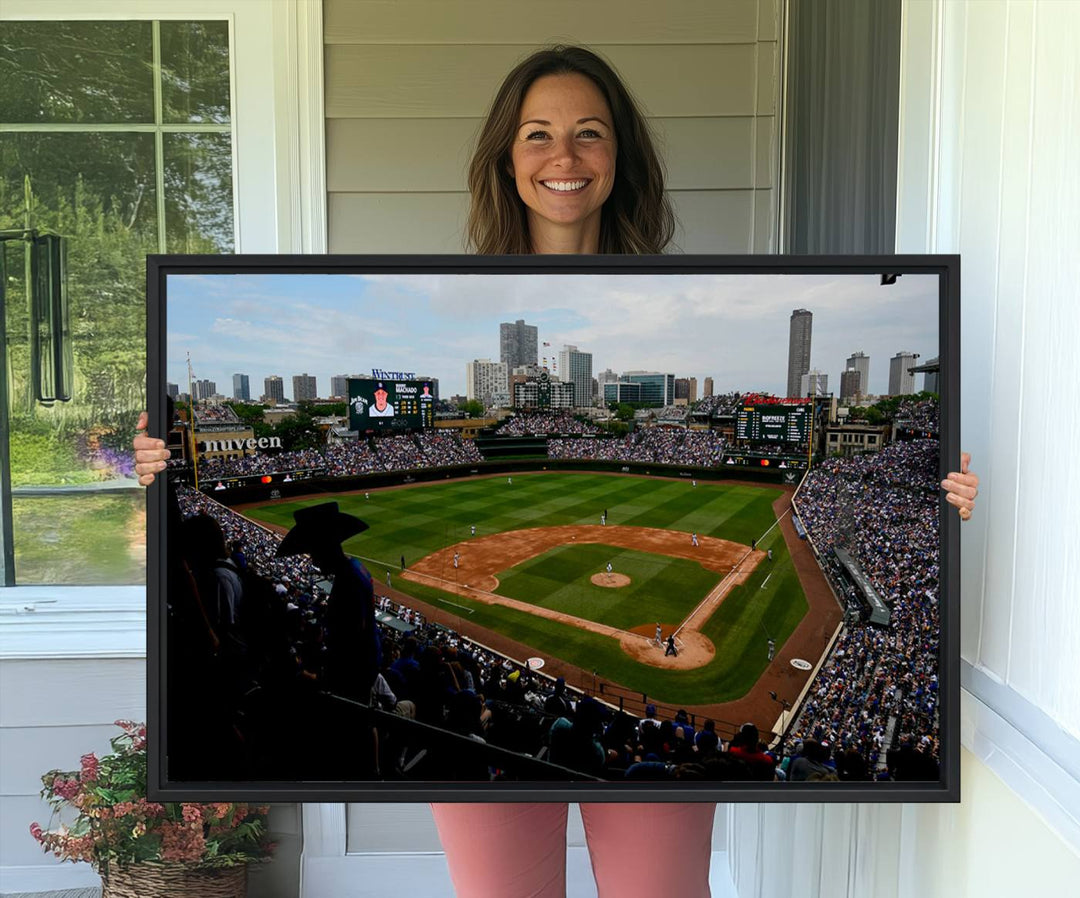 Admire this museum-quality canvas print of a Chicago Cubs game with a cityscape view from the stands at Wrigley Field.