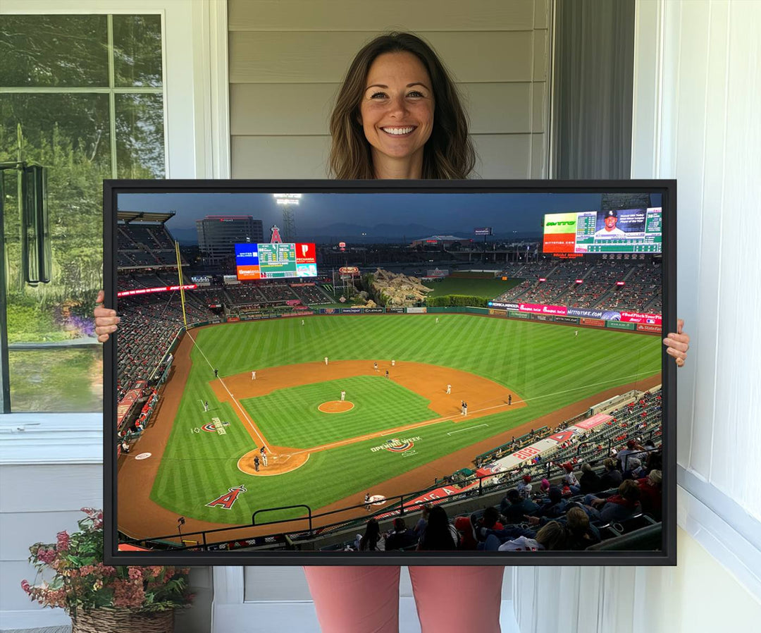 The Angel Stadium Aerial View canvas print of an Angels baseball game is showcased.