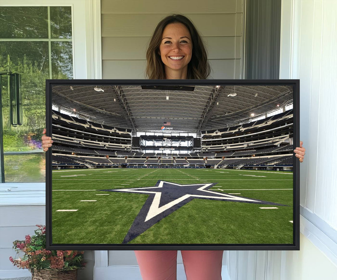 AT&T Stadium Dallas Cowboys Canvas Print displayed above a dining table.