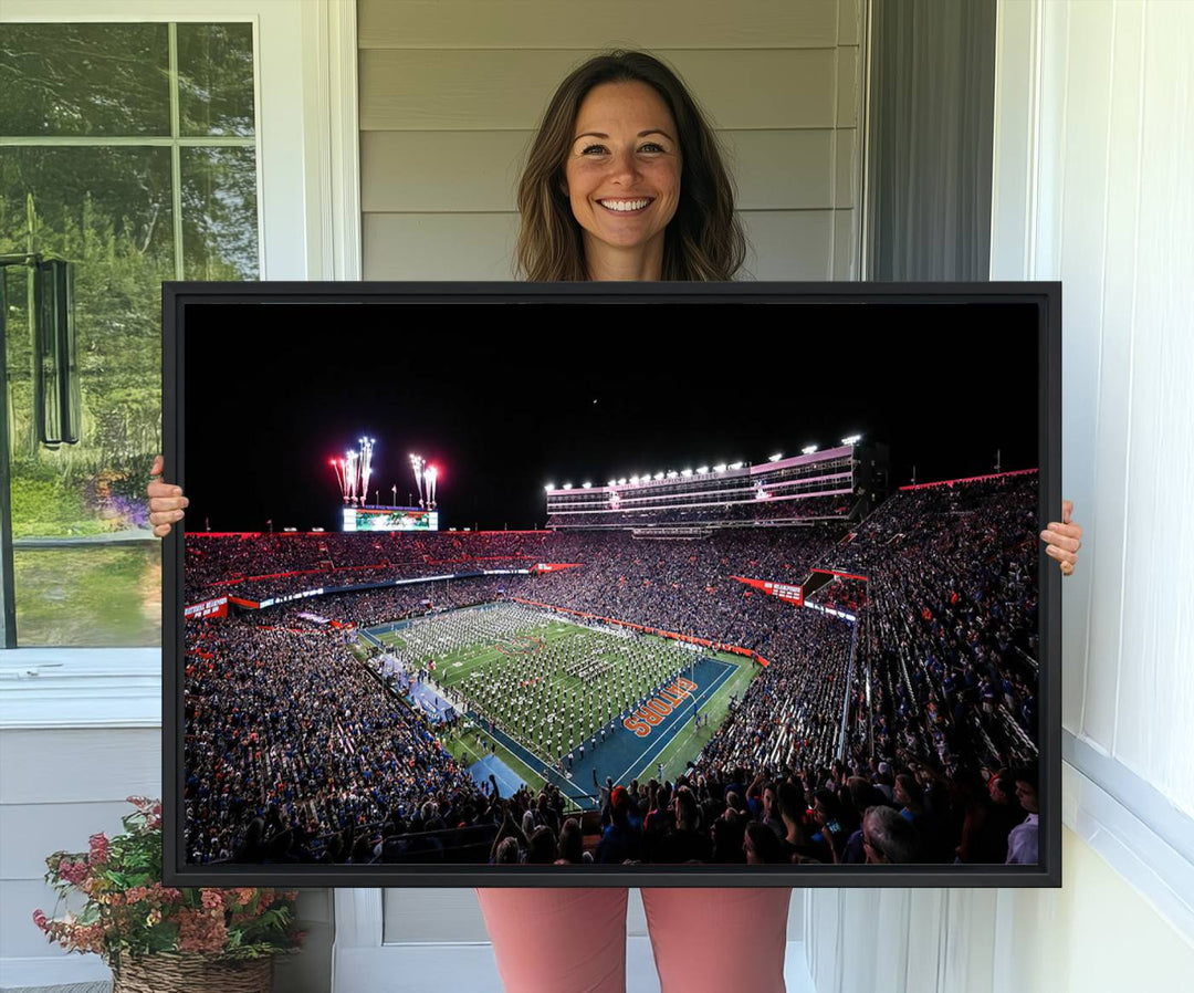 The Gators Night Game Canvas Art captures a lively night at Ben Hill Griffin Stadium with vibrant fireworks and the energy of a live band.