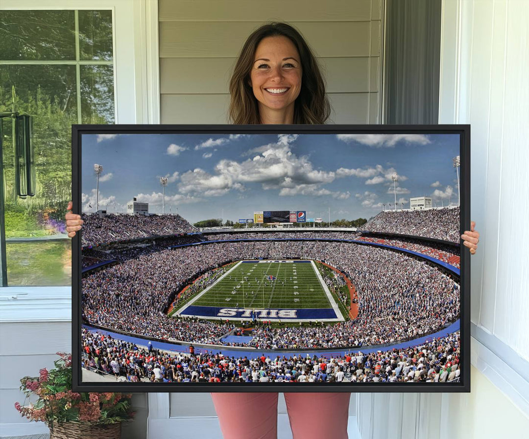 Our Buffalo Bills Game Day Canvas captures a vibrant scene at Highmark Stadium, with a lively crowd under a partly cloudy sky.